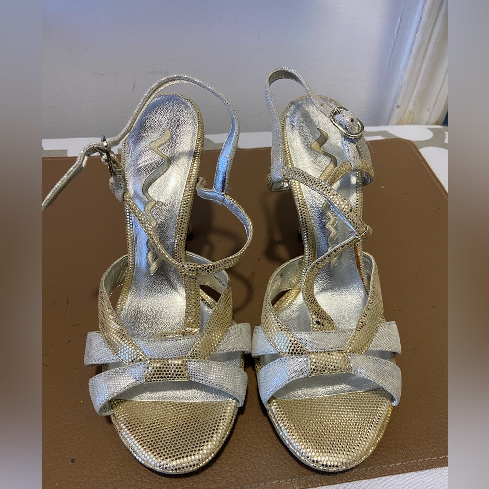 Nina Silver Leather Strappy Heels – Women’s 5.5